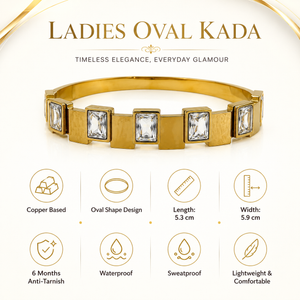 Gold Double Row Diamond Oval Kada for Women | Twin Line Stone Stainless Steel Ladies Bangle | Classic Festive Jewellery