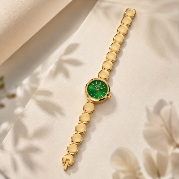 Watches Gold-Tone Green Round Dial Beaded Bracelet Watch for Women