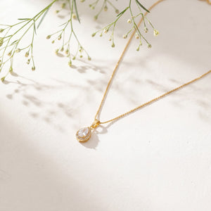 Gold Teardrop Solitaire CZ Pendant Chain Anti-Tarnish Necklace
