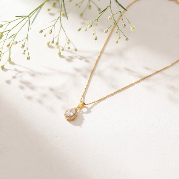 Gold Teardrop Solitaire CZ Pendant Chain Anti-Tarnish Necklace