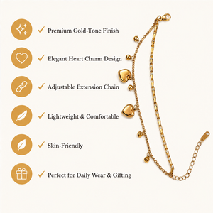 Gold Plated Double Strand Layered Chain Bracelet with Dangling Heart Charms and Bead Drops