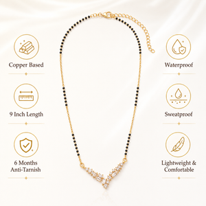 KZ Gold Plated V Chevron Multi Stone CZ Mangalsutra for Women Black Bead Chain Cluster Pendant FS