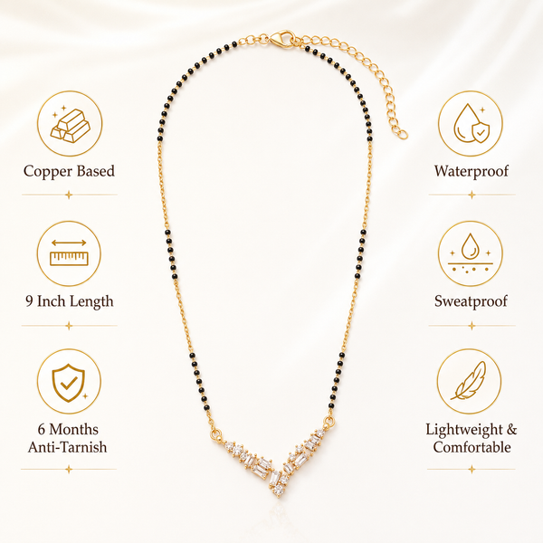 KZ Gold Plated V Chevron Multi Stone CZ Mangalsutra for Women Black Bead Chain Cluster Pendant FS
