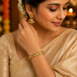 Gold Large Round Flower Motif Diamond Center Oval Kada for Women | Floral Petal Stone Stainless Steel Ladies Bangle | Floral Festive Jewellery
