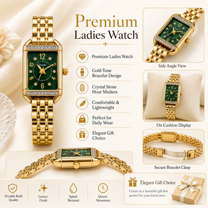 Watches Gold-Tone Rectangular Green Dial Crystal Studded Bezel Bracelet Watch for Women