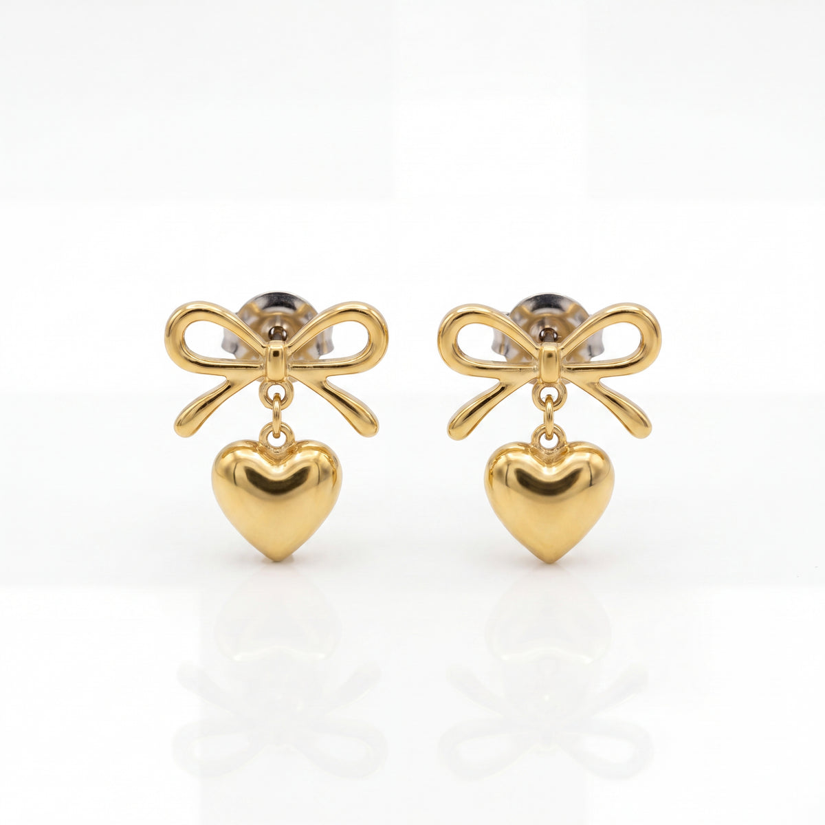 18K Gold Plated Heart and Bow Drop Earrings