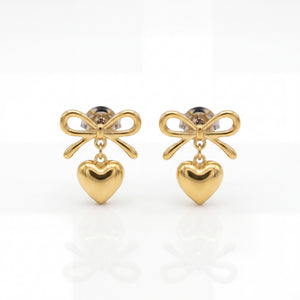 18K Gold Plated Heart and Bow Drop Earrings