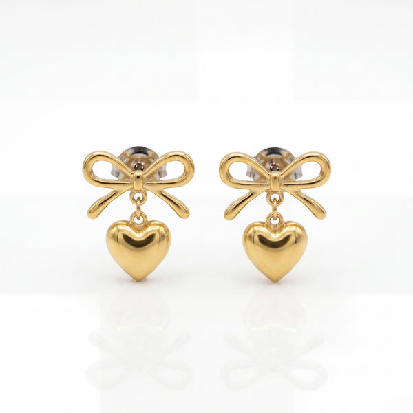 18K Gold Plated Heart and Bow Drop Earrings