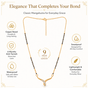 KZ Gold Plated Curved Horn CZ Mangalsutra for Women Black Bead Chain Abstract Wave Pendant FS