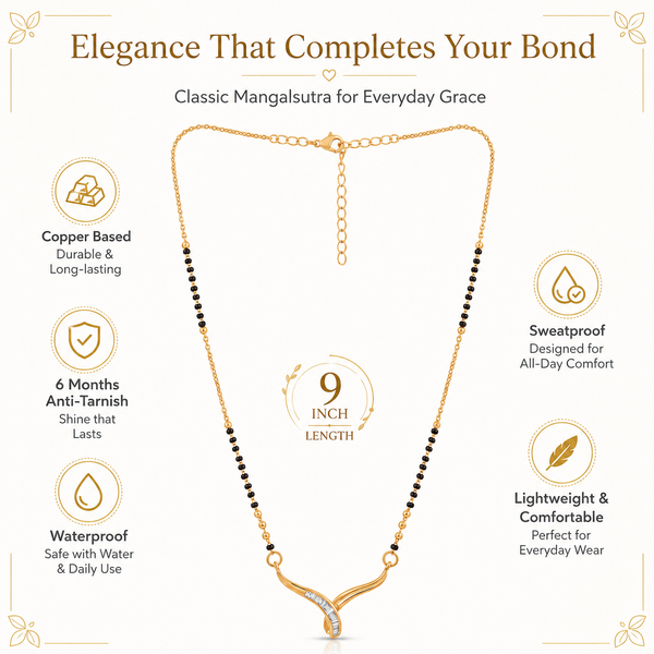 KZ Gold Plated Curved Horn CZ Mangalsutra for Women Black Bead Chain Abstract Wave Pendant FS