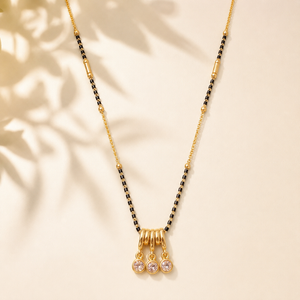 KZ Gold Plated Temple 3 Drop CZ Mangalsutra for Women Black Bead Chain Traditional Bar Pendant FS