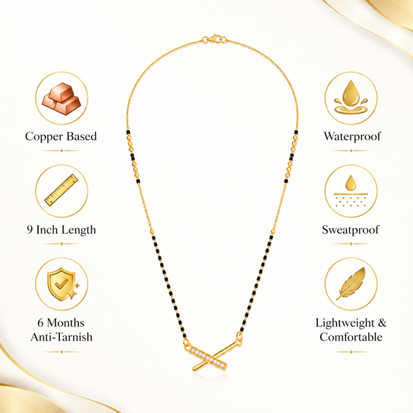 KZ Gold Plated Cross Bar CZ Mangalsutra for Women Black Bead Chain Diagonal X Bar Pendant FS