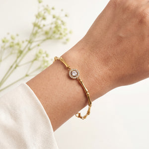 Gold Plated Bamboo Bar Link Bracelet with Round White Stone Halo and Drop Bar Pendant