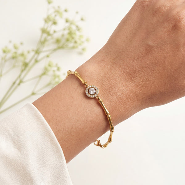 Gold Plated Bamboo Bar Link Bracelet with Round White Stone Halo and Drop Bar Pendant