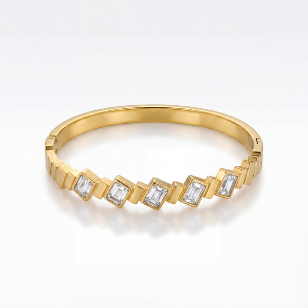 Diagonal Baguette CZ Slim Baby Kada Bangle | Gold Plated Stackable Statement Bracelet for Women
