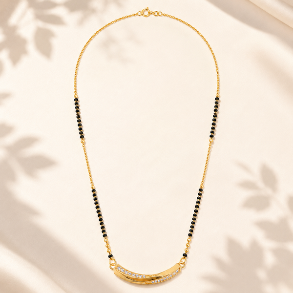 KZ Gold Plated Curved Arc Bar CZ Mangalsutra for Women Black Bead Chain Banana Curve Pendant FS