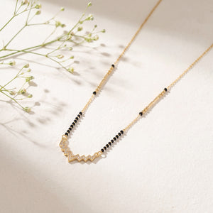 KZ Gold Plated Zigzag Bar CZ Mangalsutra for Women Black Bead Chain Wave Lightning Pendant FS