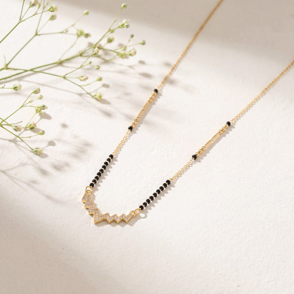 KZ Gold Plated Zigzag Bar CZ Mangalsutra for Women Black Bead Chain Wave Lightning Pendant FS