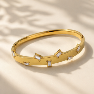 Real Baguette Rectangular White Stone Gold Oval Kada for Women | Channel Set Crystal Stainless Steel Ladies Bangle | White Baguette Jewellery