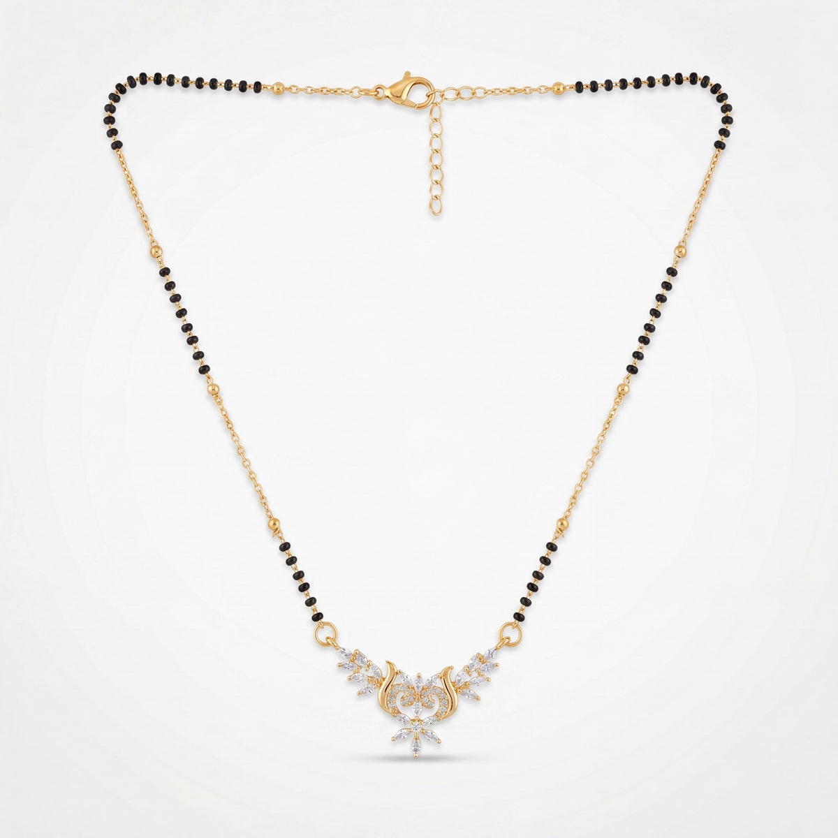KZ Gold Plated Floral Wing CZ Mangalsutra for Women Black Bead Chain Marquise Leaf Pendant FS