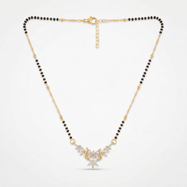 KZ Gold Plated Floral Wing CZ Mangalsutra for Women Black Bead Chain Marquise Leaf Pendant FS