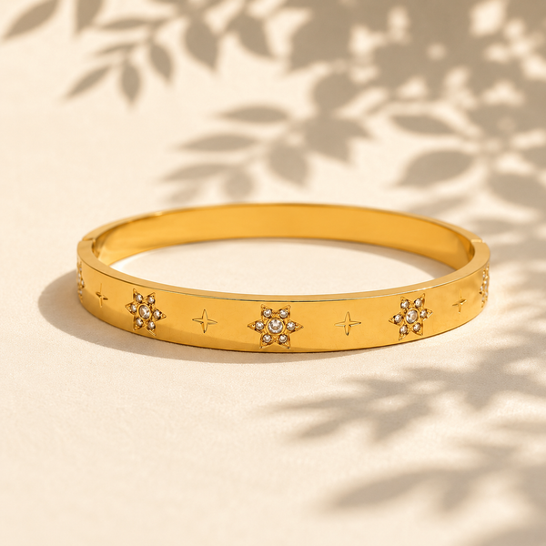Gold Star Engraved Floral Diamond Cluster Kada for Women | 4-Point Motif Stainless Steel Ladies Bangle | Designer Festive Jewellery