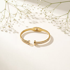 Open Dual Band Nail Design Baby Kada Bangle | Gold Plated Pave CZ Screw Head Cuff for Women