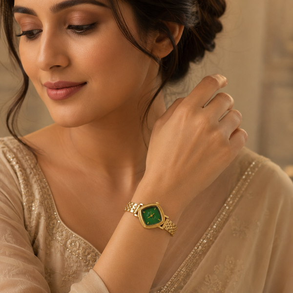 Watches Gold-Tone Cushion Green Dial Crystal Studded Bracelet Watch for Women