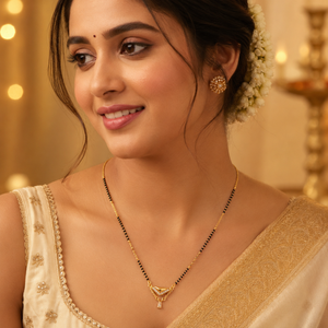 KZ Gold Plated V Shape Fan CZ Mangalsutra for Women Black Bead Chain Fan Pendant with Drop FS