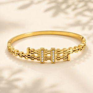 Gold Tension Set Diamond Oval Kada for Women | Floating Solitaire Stainless Steel Ladies Bangle | Minimalist Design Jewellery
