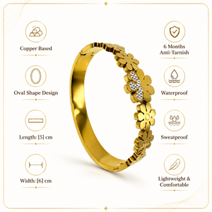 Gold Leaf Engraved Diamond Oval Kada for Women | Botanical Motif Stone Stainless Steel Ladies Bangle | Nature Festive Jewellery