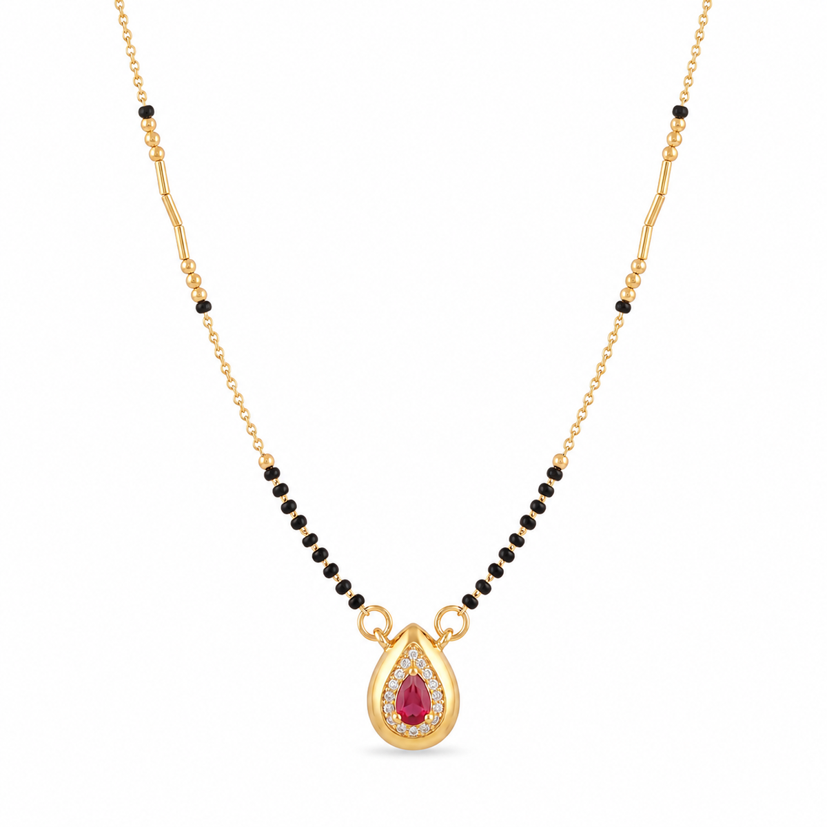 KZ Gold Plated Horseshoe Ruby CZ Mangalsutra for Women Black Bead Chain Stone Frame Pendant FS