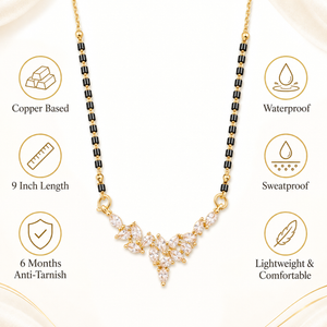 KZ Gold Plated V Shape Marquise CZ Mangalsutra for Women Black Bead Chain Cascading Fan Pendant FS