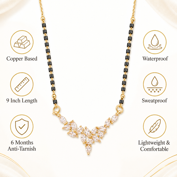 KZ Gold Plated V Shape Marquise CZ Mangalsutra for Women Black Bead Chain Cascading Fan Pendant FS