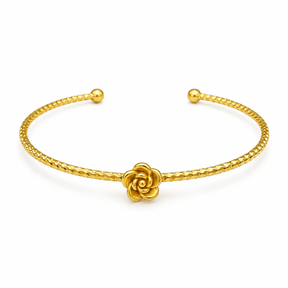 Gold Rose Flower Center Charm Cuff Kada for Women | Beaded Ball End Stainless Steel Ladies Bangle | Floral Festive Wrist Jewellery