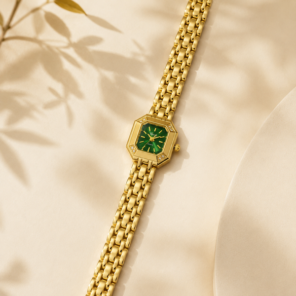 Watches Gold-Tone Square Green Dial Panther Bracelet Watch for Women
