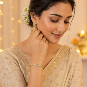Gold Alternating Square Solitaire Round Diamond Oval Kada for Women | Checkerboard Pattern Stainless Steel Ladies Bangle | Luxury Festive Jewellery