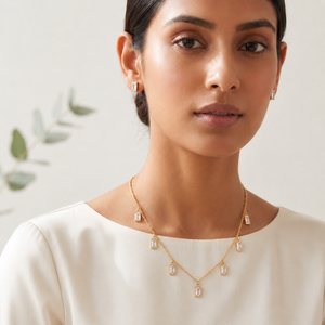 Anti tranish Gold plated 150 No. Minimal Square solitare white pendant with Studd Square earring for adults - 1 Pc