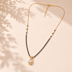 KZ Gold Plated Pear Halo CZ Mangalsutra for Women Black Bead Chain Teardrop Solitaire Pendant FS