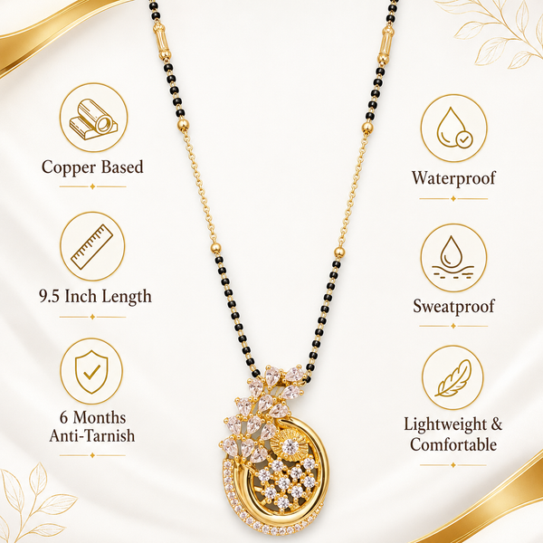 KZ Gold Plated Round Medallion Floral CZ Mangalsutra for Women Black Bead Chain Disc Pendant FS