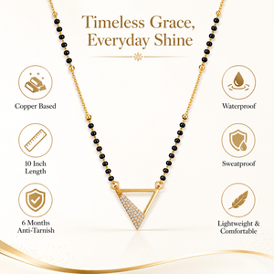 KZ Gold Plated Triangle CZ Mangalsutra for Women Black Bead Chain Geometric Pyramid Pendant FS