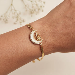Gold Plated Snake Chain Bracelet with Crescent Moon Mother of Pearl Charm and Floral Star Accent