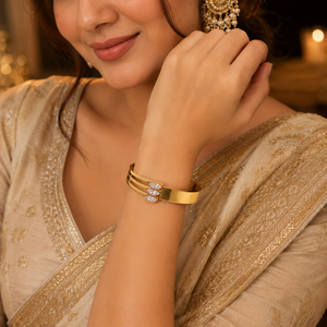 Gold Twisted Rope Diamond Oval Kada for Women | Braided Stone Stainless Steel Ladies Bangle | Textured Festive Jewellery