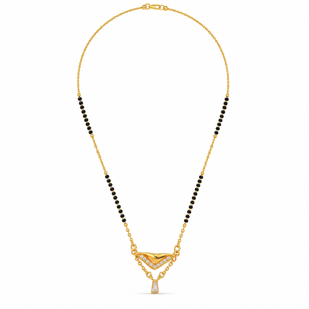 KZ Gold Plated V Shape Fan CZ Mangalsutra for Women Black Bead Chain Fan Pendant with Drop FS
