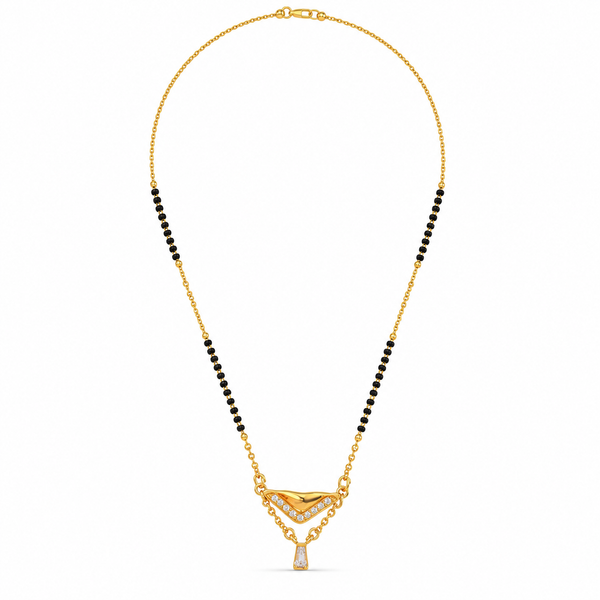 KZ Gold Plated V Shape Fan CZ Mangalsutra for Women Black Bead Chain Fan Pendant with Drop FS