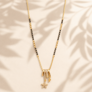 KZ Gold Plated Star Charm Bar CZ Mangalsutra for Women Black Bead Chain Multi Drop Bar Pendant FS
