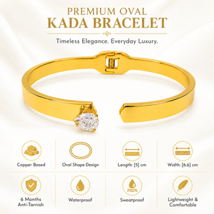 Gold Hinged Pear Solitaire Diamond Oval Kada for Women | Single Teardrop Stone Stainless Steel Ladies Bangle | Statement Festive Jewellery