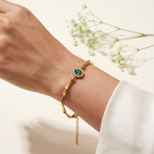 Gold Plated Bamboo Bar Link Bracelet with Side Oval Green Stone Halo Accent and Lobster Clasp