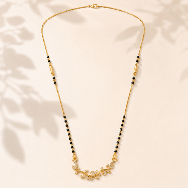 KZ Gold Plated Floral Vine Leaf CZ Mangalsutra for Women Black Bead Chain Nature Leaf Pendant FS