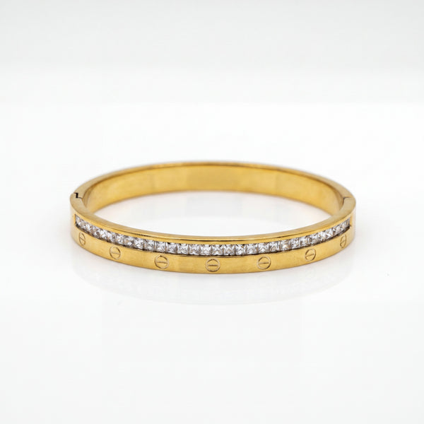 Pave CZ Bezel Accent Eternity Baby Kada Bangle | Gold Plated Slim Stackable Bracelet for Women